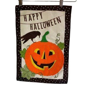 Halloween Garden Flag Pumpkin Crow Jack O Lantern Double Sided Applique 18 Inch